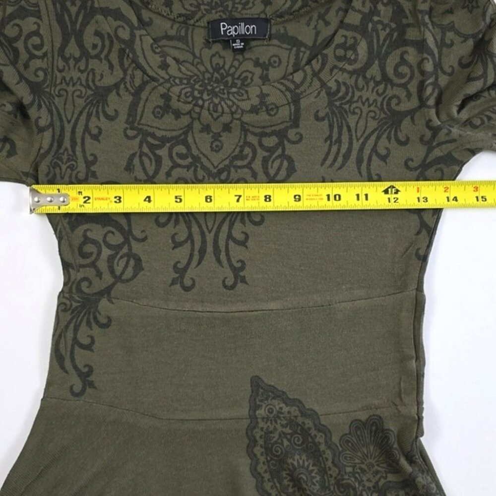 Papillon Women's Fit & Flare Dress Fatigue Green Paisley Knit Crew Neck Size S - Picture 10 of 12